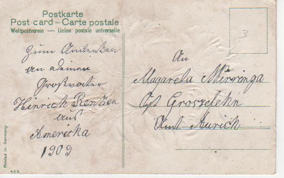 Grußkarte von Hinrich Renken an seine Stiefenkelin Margarethe Wirringa